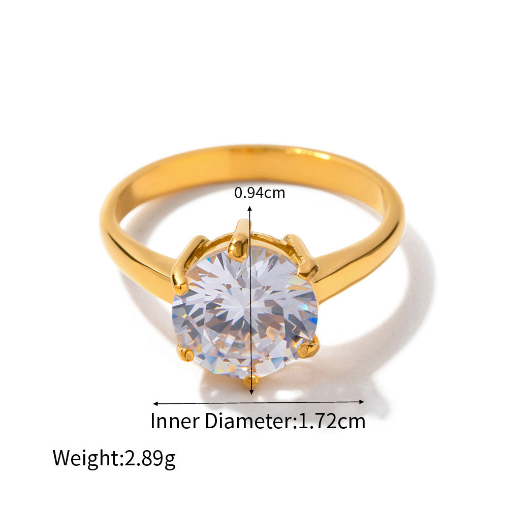18K Gold Noble Atmosphere Inlaid Large Round White Zircon Design Light Luxury Style Ring