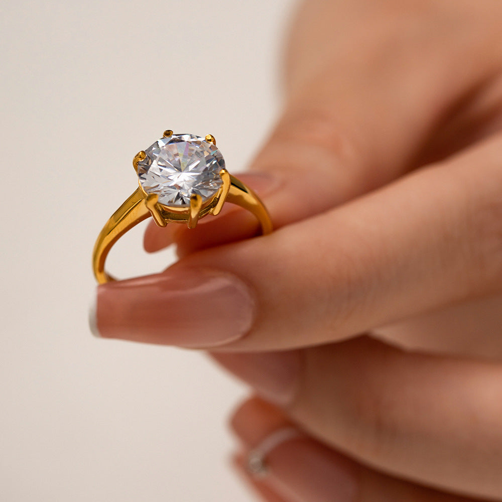 18K Gold Noble Atmosphere Inlaid Large Round White Zircon Design Light Luxury Style Ring