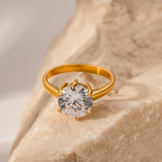 18K Gold Noble Atmosphere Inlaid Large Round White Zircon Design Light Luxury Style Ring