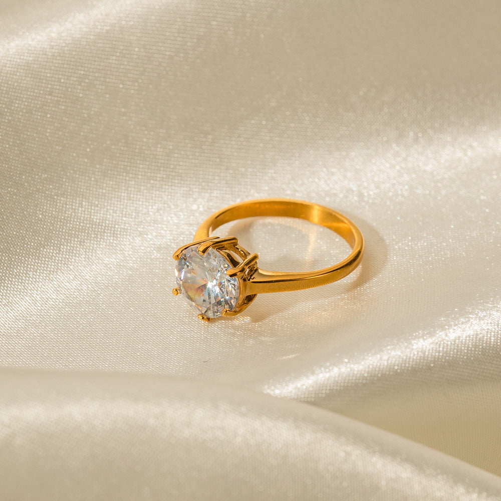 18K Gold Noble Atmosphere Inlaid Large Round White Zircon Design Light Luxury Style Ring