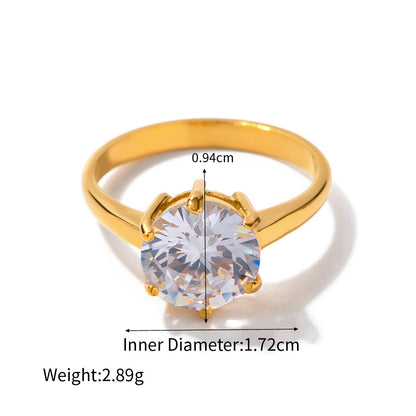 18K Gold Noble Atmosphere Inlaid Large Round White Zircon Design Light Luxury Style Ring