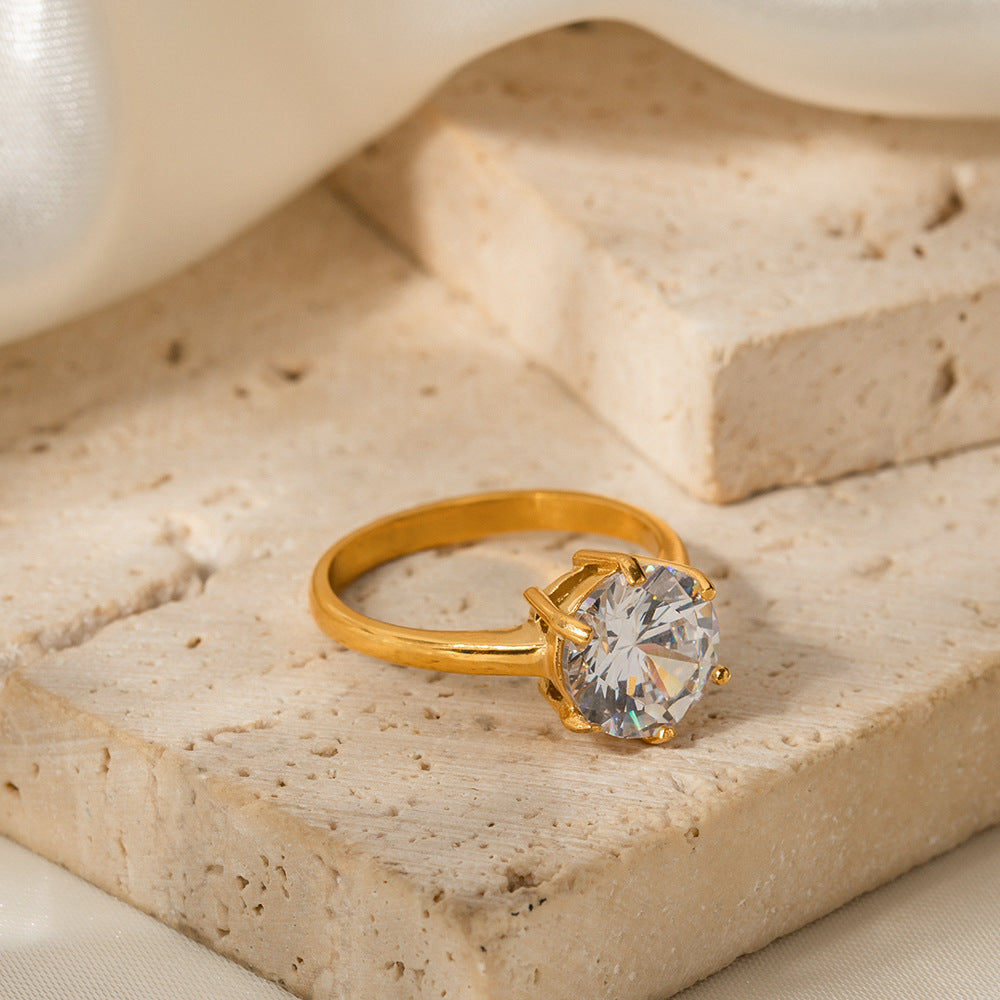 18K Gold Noble Atmosphere Inlaid Large Round White Zircon Design Light Luxury Style Ring
