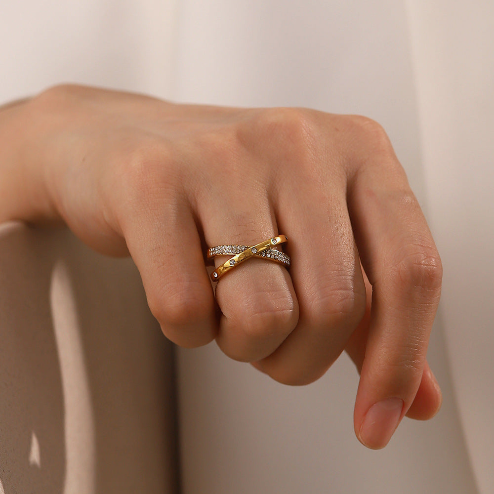 18K Gold Plated White Diamond Cross Open Ring