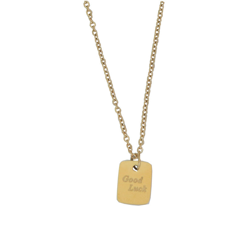 18K gold fashionable and simple square card with "GOOD LUCK" design versatile necklace