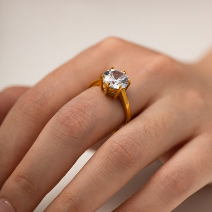 18K Gold Noble Atmosphere Inlaid Large Round White Zircon Design Light Luxury Style Ring