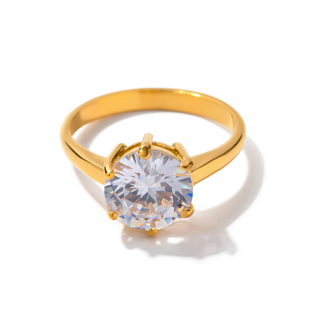 18K Gold Noble Atmosphere Inlaid Large Round White Zircon Design Light Luxury Style Ring