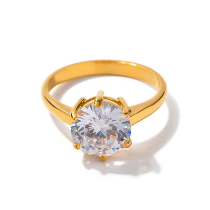18K Gold Noble Atmosphere Inlaid Large Round White Zircon Design Light Luxury Style Ring