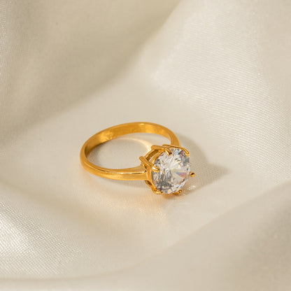 18K Gold Noble Atmosphere Inlaid Large Round White Zircon Design Light Luxury Style Ring